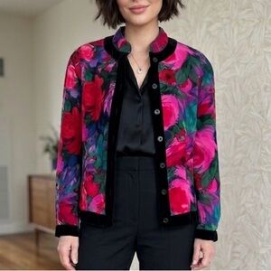 Women's Rose Print Velvet Bomber Jacket vintage floral Ungaro Paralelle Paris M
